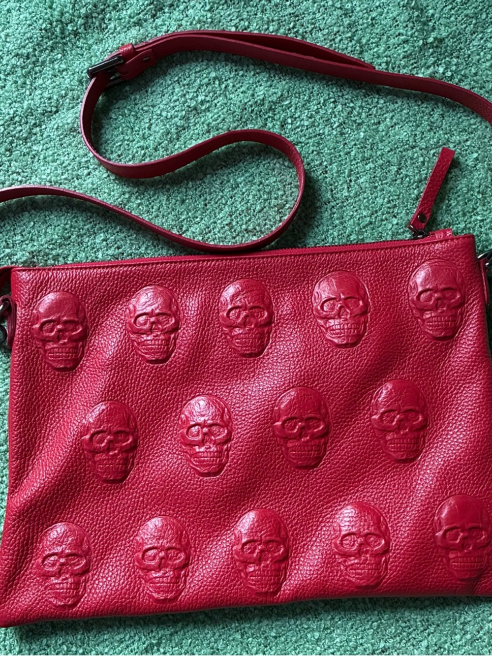 Red Embossed Skull Leather Crossbody Bag
